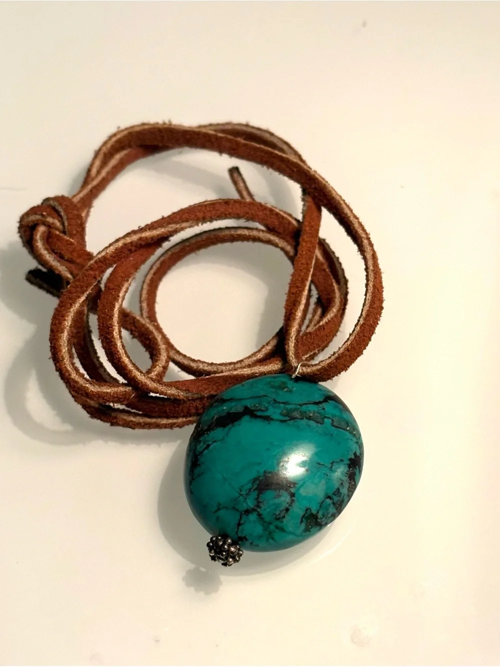 vintage brown leather corded tibetan chunky turquoise nugget pendant